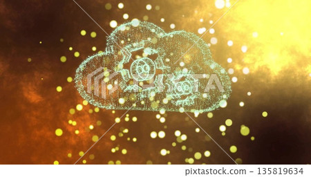 Hovering cloud icon forming cyan-blue particles in abstract space, with gear symbols and bokeh orbs Hovering cloud icon forming cyan-blue particles in abstract space, with gear symbols and bokeh orbs 135819634