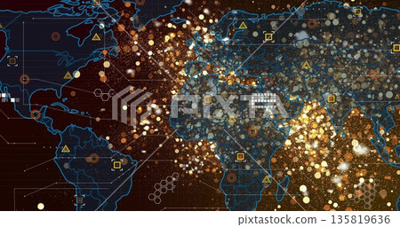 Displaying digital world map showing glowing data points and network lines on interface, with icons Displaying digital world map showing glowing data points and network lines on interface, with icons 135819636