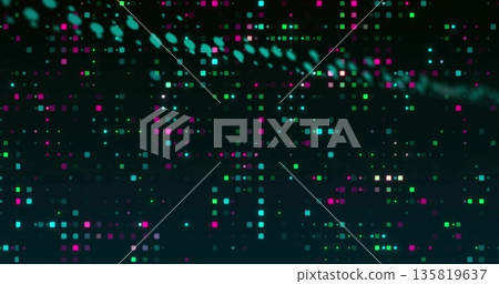 Floating neon squares and circular dots forming data grid in dark virtual space, digital interface Floating neon squares and circular dots forming data grid in dark virtual space, digital interface 135819637