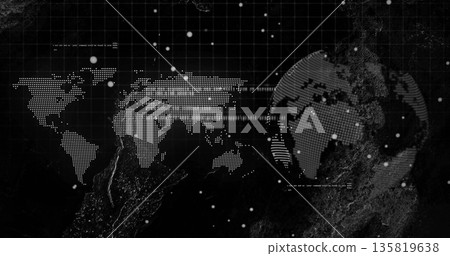 Displaying dot-matrix world map and globe over grid, with floating dots and technical text lines 135819638