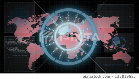 Displaying overlay highlighting Europe, Africa on grid UI, with code panel, charts and arrow icons Displaying overlay highlighting Europe, Africa on grid UI, with code panel, charts and arrow icons 135819653