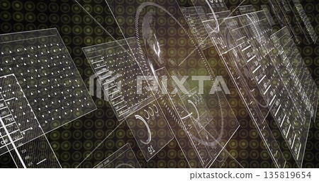 Displaying UI panels floating in 3D space, with tabular data, gauges, sliders and circuit traces Displaying UI panels floating in 3D space, with tabular data, gauges, sliders and circuit traces 135819654
