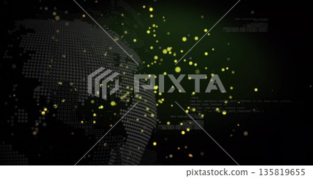 Rotating dotted digital globe showing yellow particles and code fragments in data space, copy space 135819655