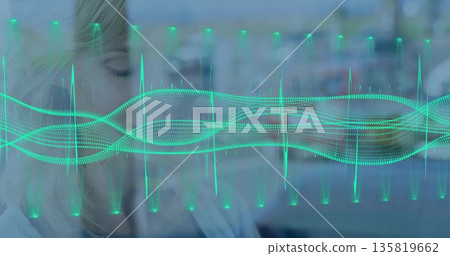 Standing woman wearing sweater closing eyes behind glass in office, turquoise waveform, copy space Standing woman wearing sweater closing eyes behind glass in office, turquoise waveform, copy space 135819662