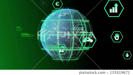 Displaying stylized Earth globe floating in virtual space, showing neon grid and hex icons Displaying stylized Earth globe floating in virtual space, showing neon grid and hex icons 135819671