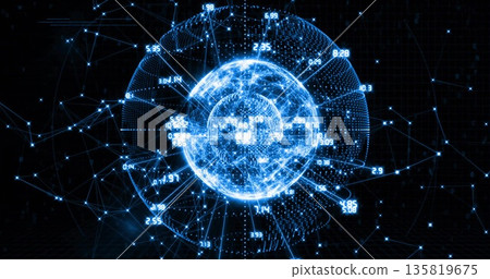 Pulsing digital network sphere floating in dark grid space, with nodes, light lines and data labels Pulsing digital network sphere floating in dark grid space, with nodes, light lines and data labels 135819675