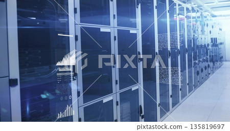 Lining data center corridor, glass server racks flashing LED indicators, cable bundles and graphs Lining data center corridor, glass server racks flashing LED indicators, cable bundles and graphs 135819697