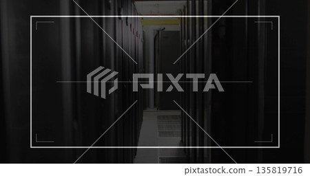 Drawing data center corridor toward end panel showing server cabinets, cable trays and floor grates Drawing data center corridor toward end panel showing server cabinets, cable trays and floor grates 135819716