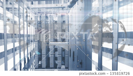 Highlighting server racks with blade servers in data center corridor, world map overlay 135819726