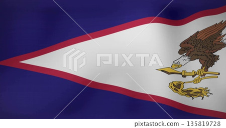 Displaying stylized American Samoa flag waving on backdrop, eagle clutching war club and fly-whisk Displaying stylized American Samoa flag waving on backdrop, eagle clutching war club and fly-whisk 135819728