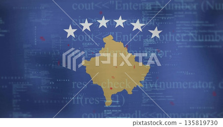 Displaying gold silhouette of Kosovo on deep blue backdrop, featuring six white stars and code text 135819730