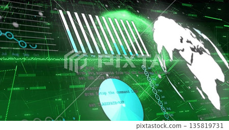 Displaying holographic dashboard floating over dark grid, with bar charts, pie chart and world map 135819731
