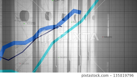 Displaying ascending trend lines in dashboard grid, with blue and cyan graphs, numeric labels 135819796
