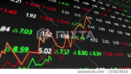 Market chart displaying colored trends on trading monitor with numeric values and arrows Market chart displaying colored trends on trading monitor with numeric values and arrows 135819816