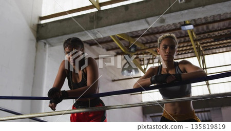 Leaning amateur boxers pausing between rounds in warehouse gym, with blue ropes and hand wraps Leaning amateur boxers pausing between rounds in warehouse gym, with blue ropes and hand wraps 135819819