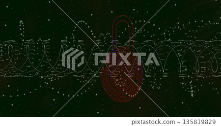 Hovering red padlock icon over white dotted sine waves in green cyberspace, with glowing particles 135819829