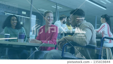 Discussing data woman in red blouse holding coffee cup at office break area, with floating charts Discussing data woman in red blouse holding coffee cup at office break area, with floating charts 135819844