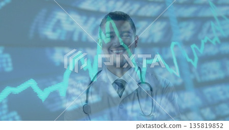 Presenting doctor projecting financial ticker and graph over health data in studio with stethoscope Presenting doctor projecting financial ticker and graph over health data in studio with stethoscope 135819852