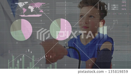 White coat hand fitting blood pressure cuff on boy's arm in exam room, with transparent overlays White coat hand fitting blood pressure cuff on boy's arm in exam room, with transparent overlays 135819859