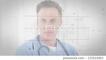 Standing adult doctor gazing into camera in studio, with scrub top stethoscope and data overlay Standing adult doctor gazing into camera in studio, with scrub top stethoscope and data overlay 135819863