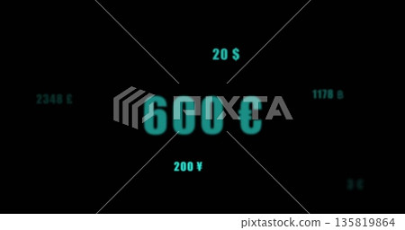 Floating large neon teal 600 euro amount in digital interface, with other currency symbols Floating large neon teal 600 euro amount in digital interface, with other currency symbols 135819864