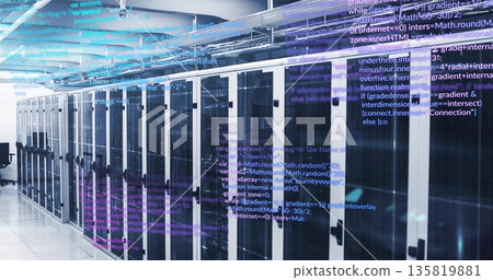 Stretching row of black glass-doored server racks along data center corridor, with code overlay Stretching row of black glass-doored server racks along data center corridor, with code overlay 135819881