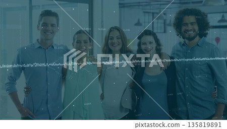 Smiling professionals embracing in open-plan office with glass partitions and waveform overlay Smiling professionals embracing in open-plan office with glass partitions and waveform overlay 135819891