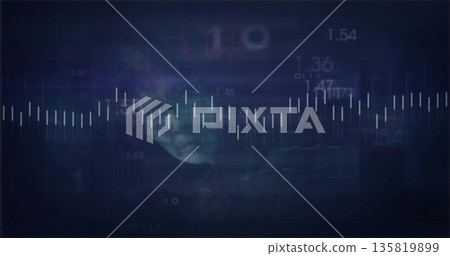 Showing wide audio waveform bars on digital display, with floating numeric readouts and data grids Showing wide audio waveform bars on digital display, with floating numeric readouts and data grids 135819899