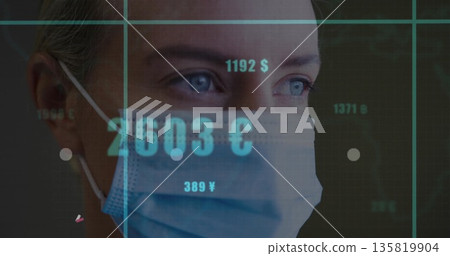 Gazing masked woman analyzing digital currency grid overlay in dark digital interface 135819904