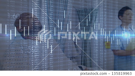 Projecting charts over Black patient reclining in ward, with nurse in scrubs holding coffee mug Projecting charts over Black patient reclining in ward, with nurse in scrubs holding coffee mug 135819963