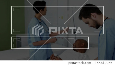 Pointing nurse and leaning doctor checking patient condition in hospital room, with pulse oximeter 135819966