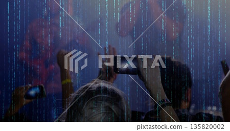 Holding smartphone horizontally, fan capturing stage code visuals at concert venue, with wristbands Holding smartphone horizontally, fan capturing stage code visuals at concert venue, with wristbands 135820002