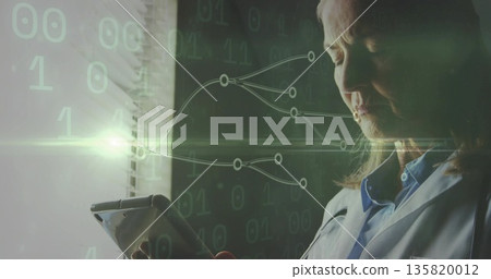 Standing at blinds, senior scientist in lab coat using tablet displaying binary code, copy space 135820012