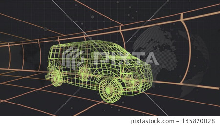 Displaying neon green wireframe van traveling through grid tunnel, featuring globe and data points Displaying neon green wireframe van traveling through grid tunnel, featuring globe and data points 135820028