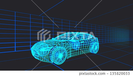 Displaying wireframe 3D sedan model glowing inside virtual grid tunnel, with neon perspective lines 135820033