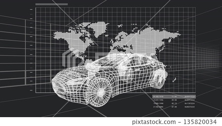 Displaying wireframe sports car in CAD interface, with dotted world map and technical data overlay Displaying wireframe sports car in CAD interface, with dotted world map and technical data overlay 135820034