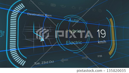 Displaying HUD showing navigation map with distance, driving modes, speedometer, time on windshield Displaying HUD showing navigation map with distance, driving modes, speedometer, time on windshield 135820035