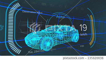 Displaying holographic car model in neon-blue tunnel, with speed gauge and hybrid indicator Displaying holographic car model in neon-blue tunnel, with speed gauge and hybrid indicator 135820036