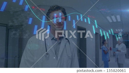 Mature physician interpreting candlestick chart overlay in hospital corridor, with stethoscope 135820061