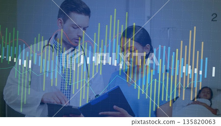 Reviewing white coat doctor and scrub nurse checking clipboard by hospital bed, data chart overlay 135820063