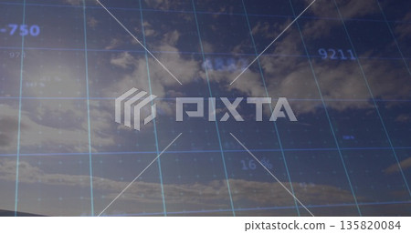 Displaying translucent blue grid overlay spanning partly cloudy sky, with numeric data labels 135820084