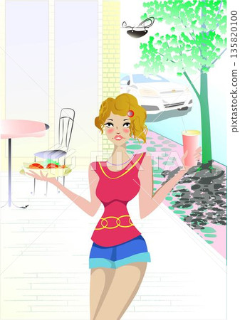 咖啡館、女人、熱狗和飲料 咖啡館、女人、熱狗和飲料 135820100