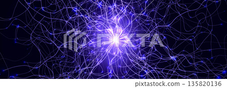 Brain Roots Neural Tree Background Neuron Burst Neuron Connection Lines Glowing Particles Net Pattern. AI Bio Chemical Connections Medical Science Innovative Technology Backdrop. Vector Illustration 135820136