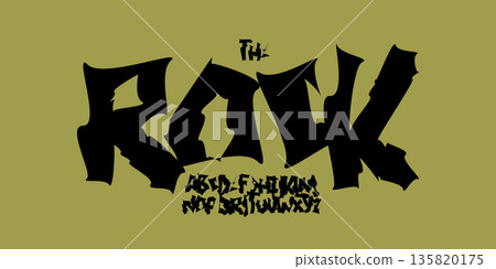 Rough Rock Font Logo Alphabet Uneven Letter Set Horror Typography, Sharp Psycho Typographic Design for Punk Music Title Text, Typo Poster Headline, Grunge Hand Written Crooked Fonts. Vector Typeface 135820175