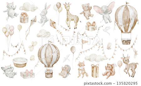 Flying animals watercolor clipart set with hot air balloons, bear, deer, rabbit, cat for Baby shower greeting cards or childish invitations. Illustrations with giraffe, elephant, raccoon for nursery. 135820295