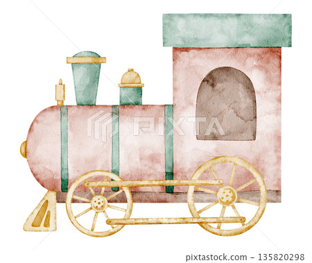 Watercolor train illustration in soft pastel vintage style. Art of carnival transport for baby shower invitations or childish greeting cards. Clipart for amusement park scenes and nostalgic projects. Watercolor train illustration in soft pastel vintage style. Art of carnival transport for baby shower invitations or childish greeting cards. Clipart for amusement park scenes and nostalgic projects. 135820298