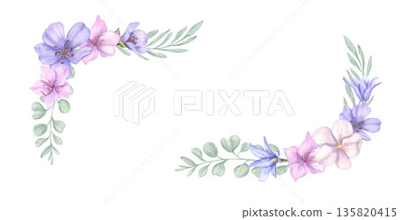 Watercolor spring flowers, foliage rectangle border on isolated background. Delicate flower, leaves in pastel colors. Floral illustration with copy space for text. Valentine day greeting cards. Watercolor spring flowers, foliage rectangle border on isolated background. Delicate flower, leaves in pastel colors. Floral illustration with copy space for text. Valentine day greeting cards. 135820415