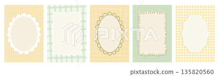 Retro, vintage hand drawn abstract patterned backgrounds and decorative frames. French Italian style gingham patterns with plaid checks and curves. Pastel color abstract design. Vector illustration. Retro, vintage hand drawn abstract patterned backgrounds and decorative frames. French Italian style gingham patterns with plaid checks and curves. Pastel color abstract design. Vector illustration. 135820560
