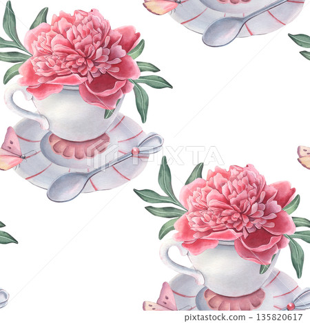 Seamless pattern with vintage teacup, saucer, teaspoon, pink peony, leaves. Hand-painted watercolor illustration isolated on white for textile, packaging, wallpaper, branding, wedding design, decor 135820617