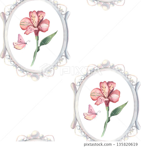 Seamless pattern, vintage pearl frame, alstroemeria, butterfly. Hand-painted watercolor illustration isolated on white for textile, packaging, stationery, wallpaper, branding, wedding design, decor Seamless pattern, vintage pearl frame, alstroemeria, butterfly. Hand-painted watercolor illustration isolated on white for textile, packaging, stationery, wallpaper, branding, wedding design, decor 135820619